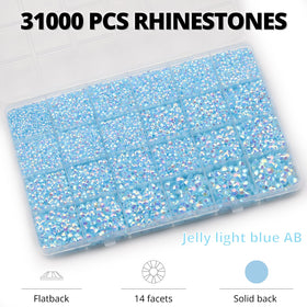 Worthofbest close-up of light blue flatback rhinestones showing 14-facet sparkle and texture