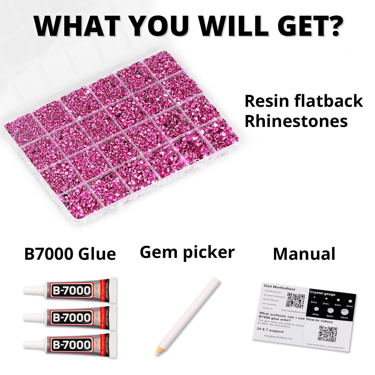 Worthofbest open 24-grid storage displaying sorted dark pink rhinestones for easy access