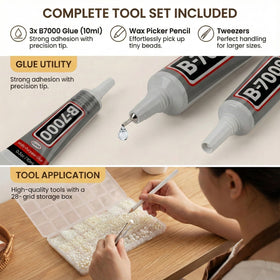 Worthofbest tweezers wax picker and B7000 glue arranged to show precision tools benefit