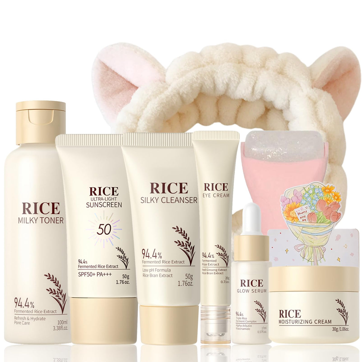 wouglay front packaging showing complete nine-piece rice skincare set and gift-ready presentation