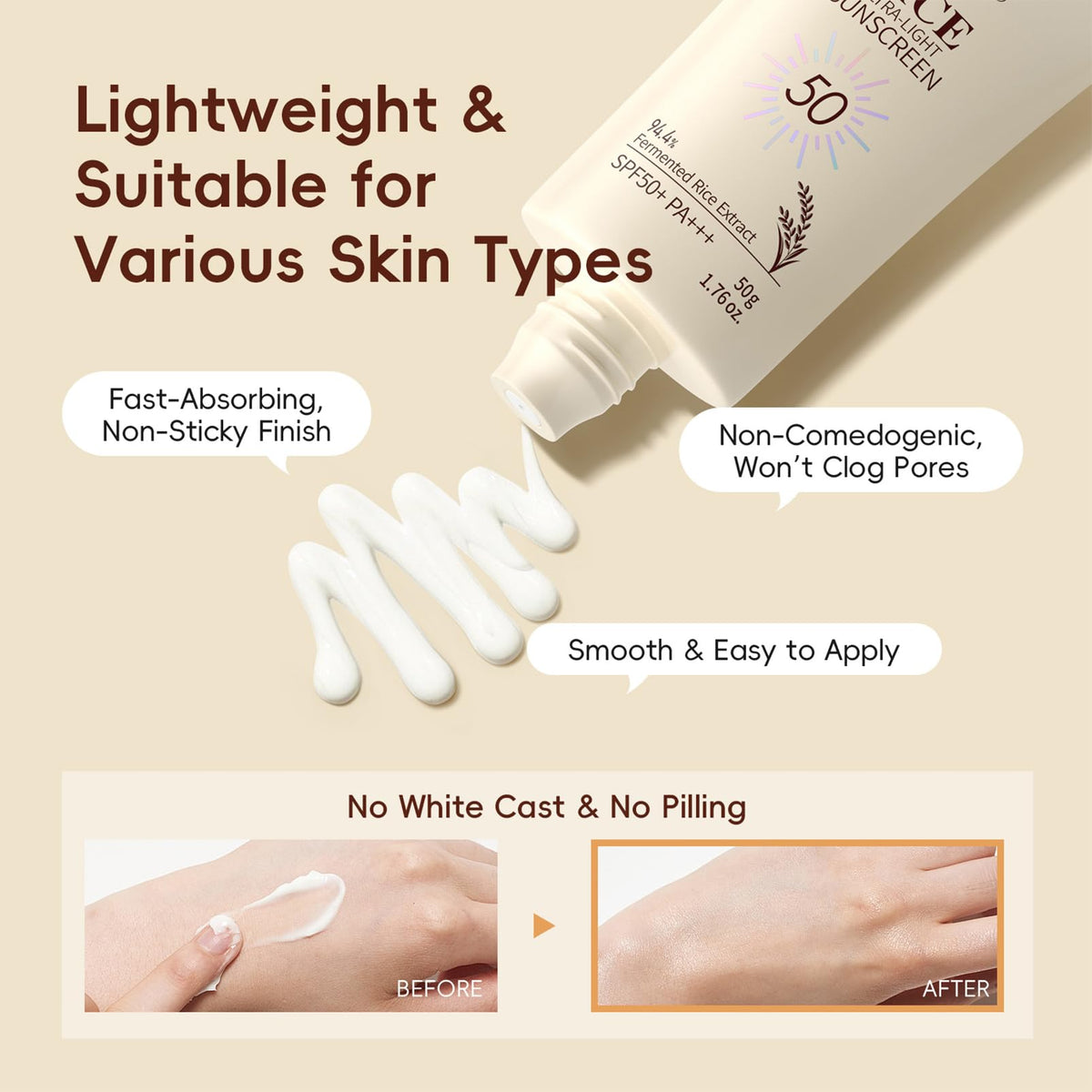 wouglay rice sunscreen tube label visible, showing daily protection and lightweight finish
