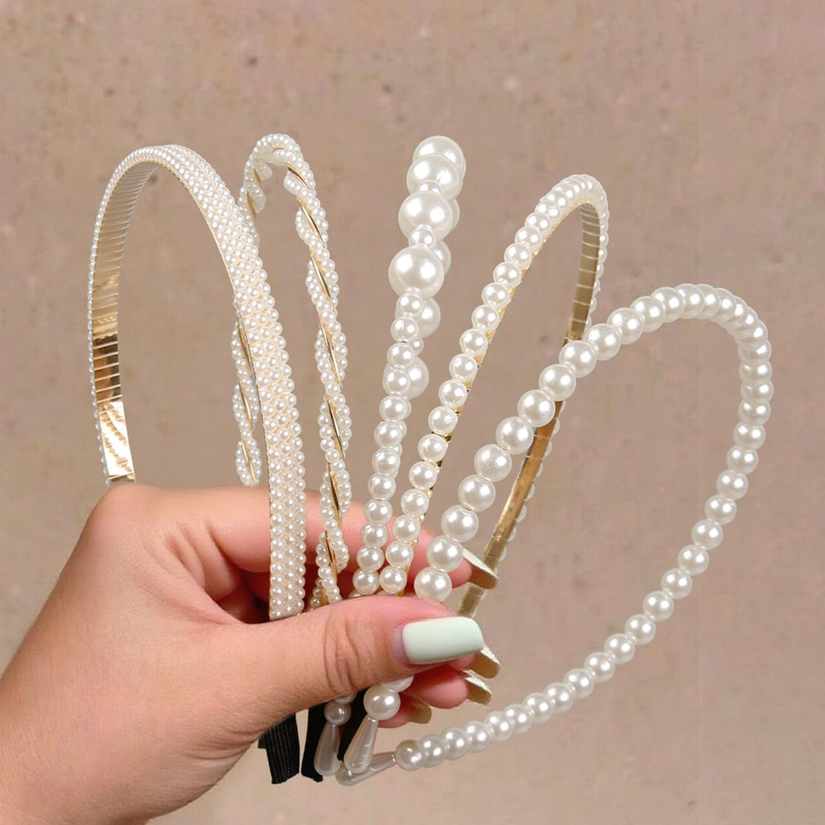 WOVOWOVO front view of five pearl headbands showing variety and elegance