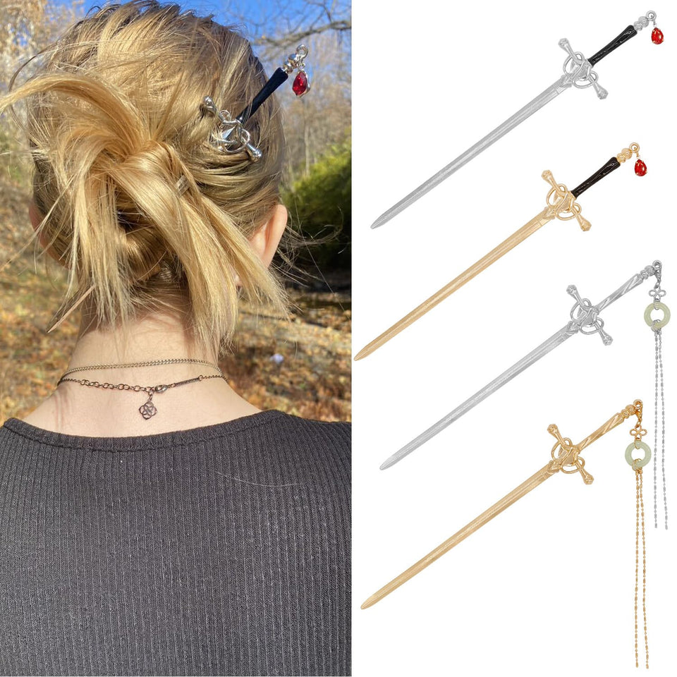 WOVOWOVO front view of four sword hair sticks showing vintage design and finish