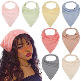 WOVOWOVO front view of eight plaid headscarves showing colors and packaging benefit