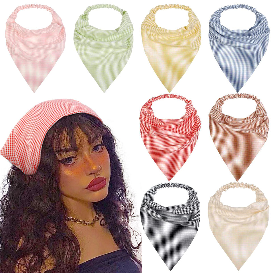 WOVOWOVO front view of eight plaid headscarves showing colors and packaging benefit