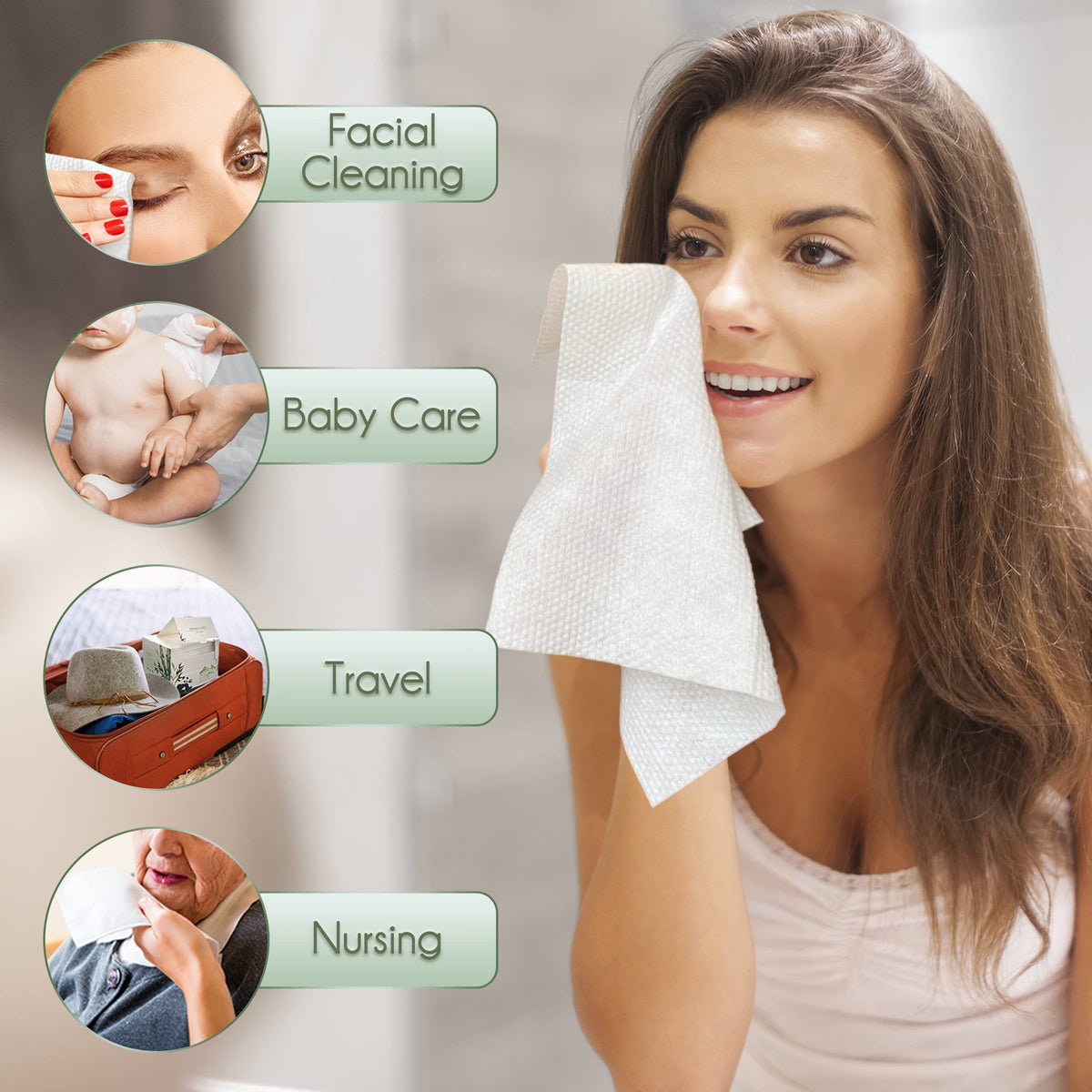 WOWOTEX towel used for baby care on changing pad, emphasizes hygienic single-use