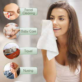 WOWOTEX towel used for baby care on changing pad, emphasizes hygienic single-use