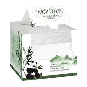 WOWOTEX front box view showing 60-count biodegradable towels, highlights convenience