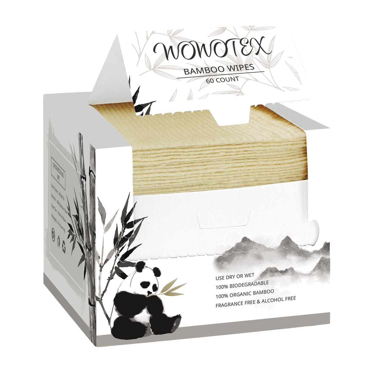 WOWOTEX front box showing 60-count biodegradable towels and clear branding for convenience