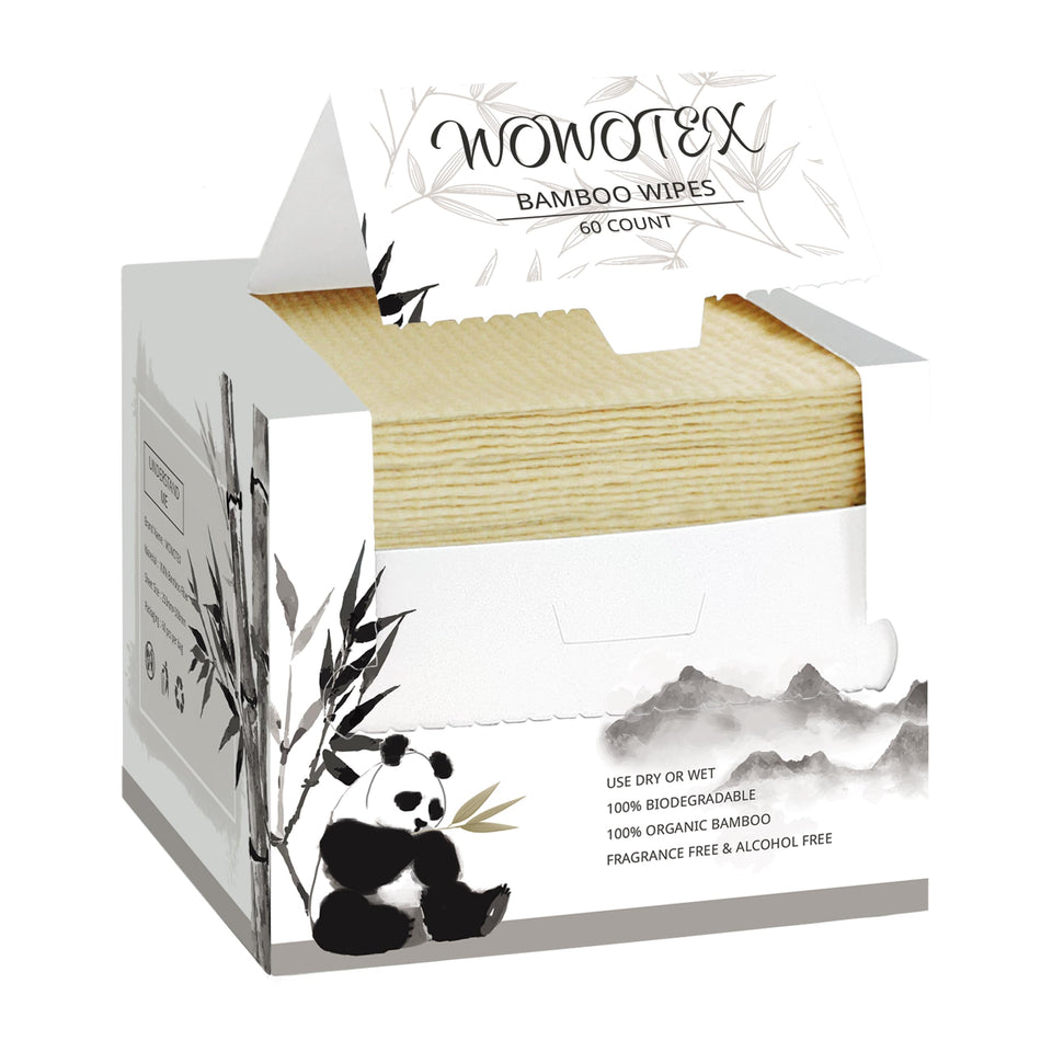 WOWOTEX front box showing 60-count biodegradable towels and clear branding for convenience