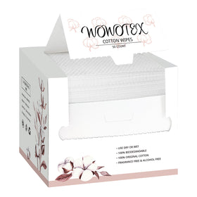 WOWOTEX front box view showing 50-count cotton towels and clear labeling offering easy storage