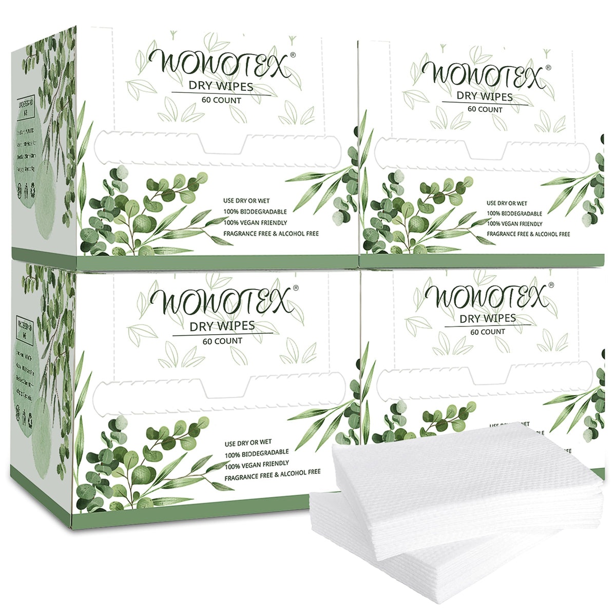 WOWOTEX front packaging showing 4-box 240-count hygienic benefit
