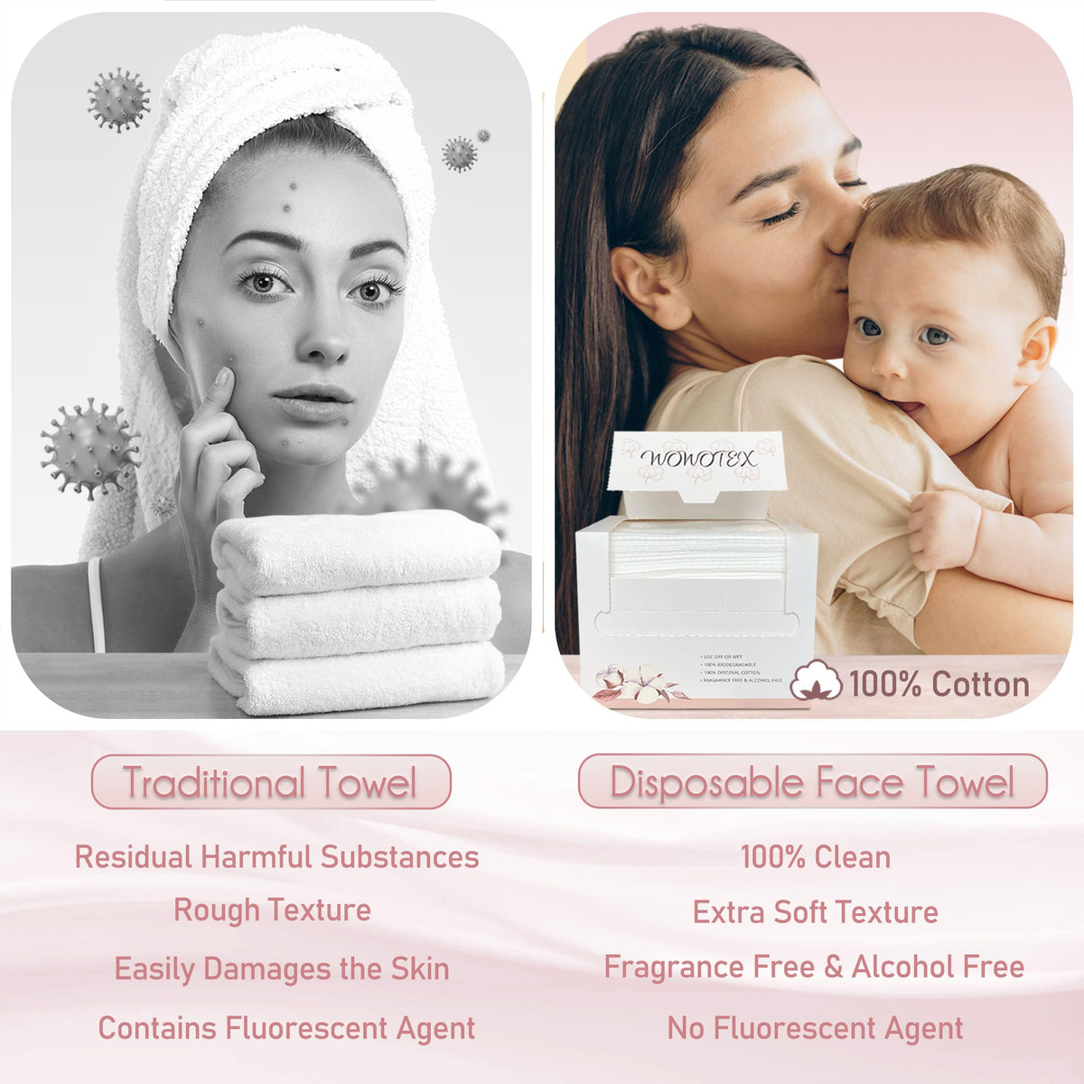 WOWOTEX towel removing makeup from face showing gentle effective cleansing benefit