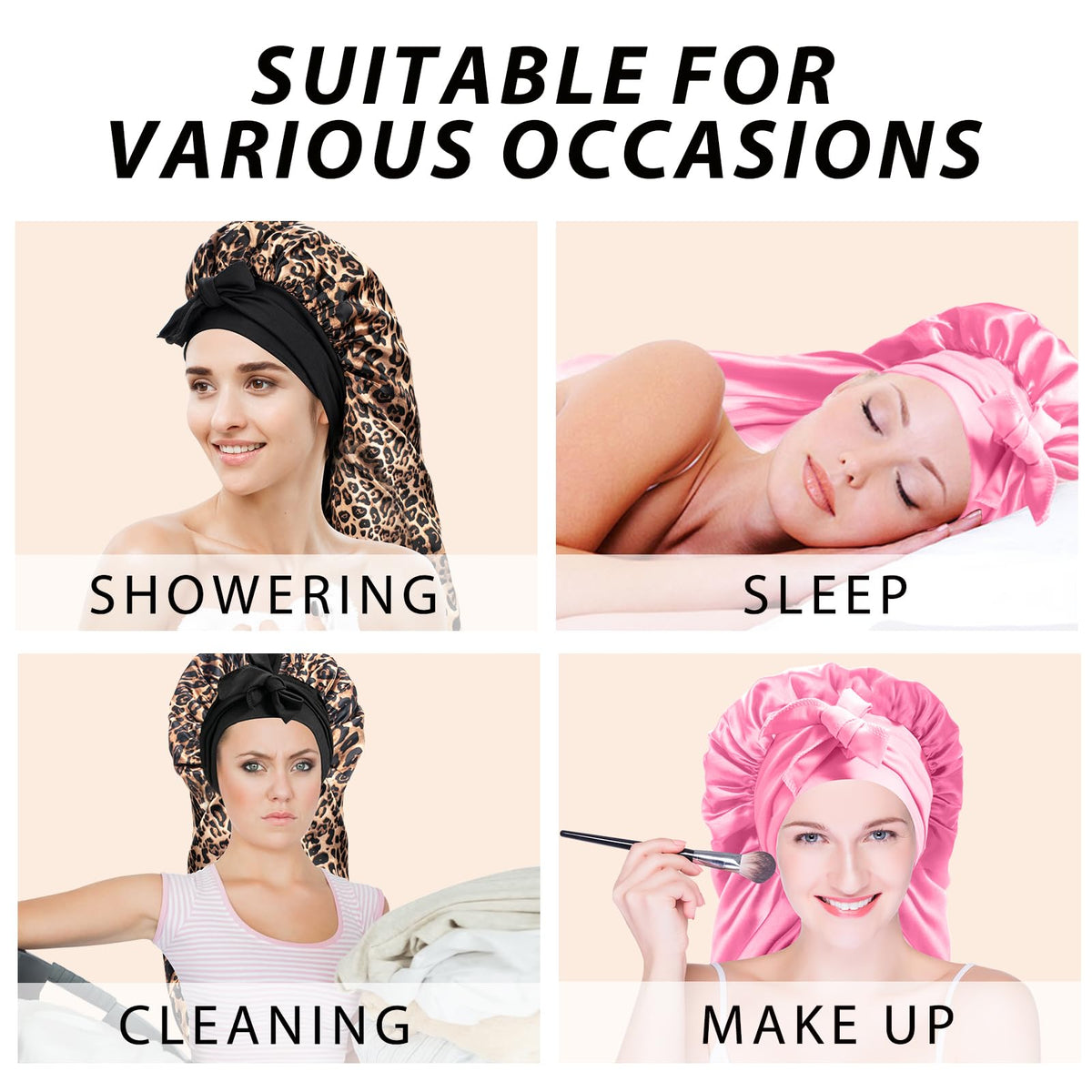 WOZUTUNT flat lay of both bonnets, presents included pink and leopard pair