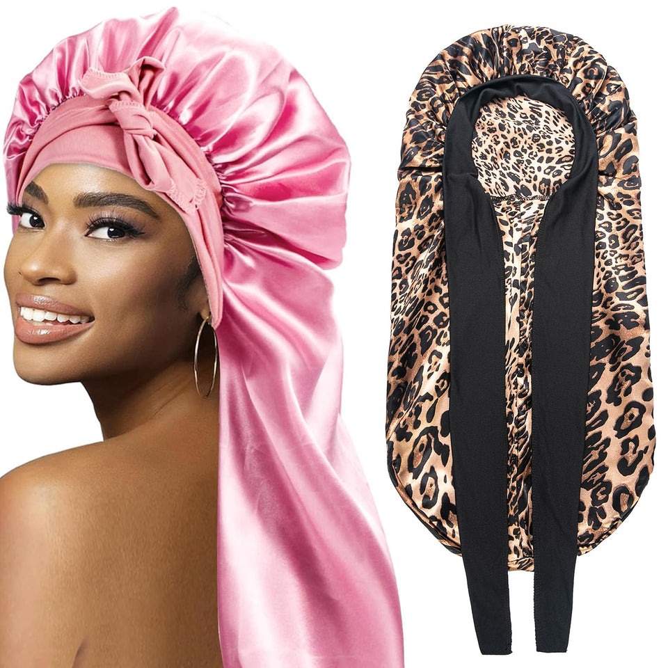 WOZUTUNT front view of pink and leopard bonnets, shows style and fit benefit