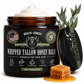 Wrath & Remedy front jar showing eucalyptus label and 4 oz size, highlights purity benefits