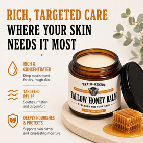 Wrath & Remedy open jar revealing solid unwhipped tallow texture and purity benefit