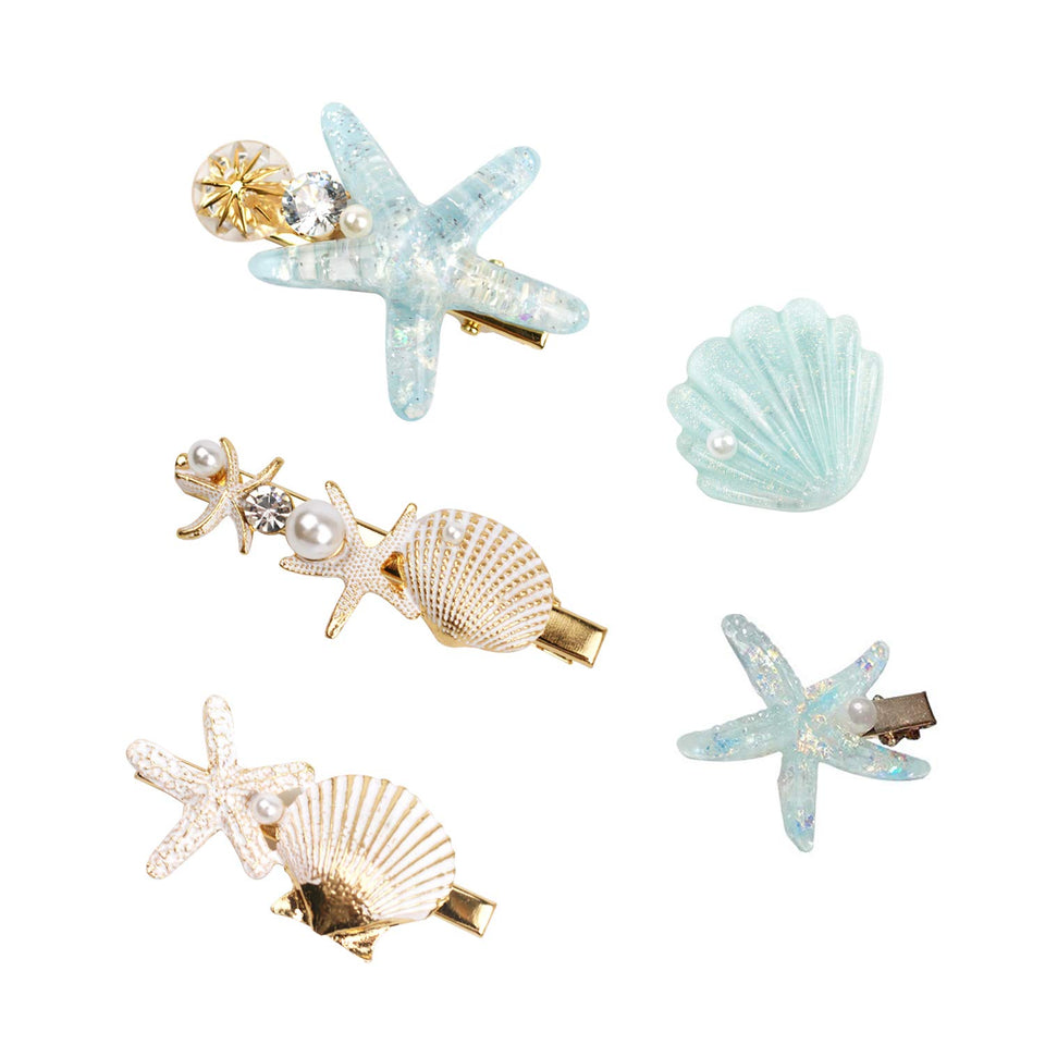 Wthree front view of five shell pearl starfish hair clips showcasing set benefits