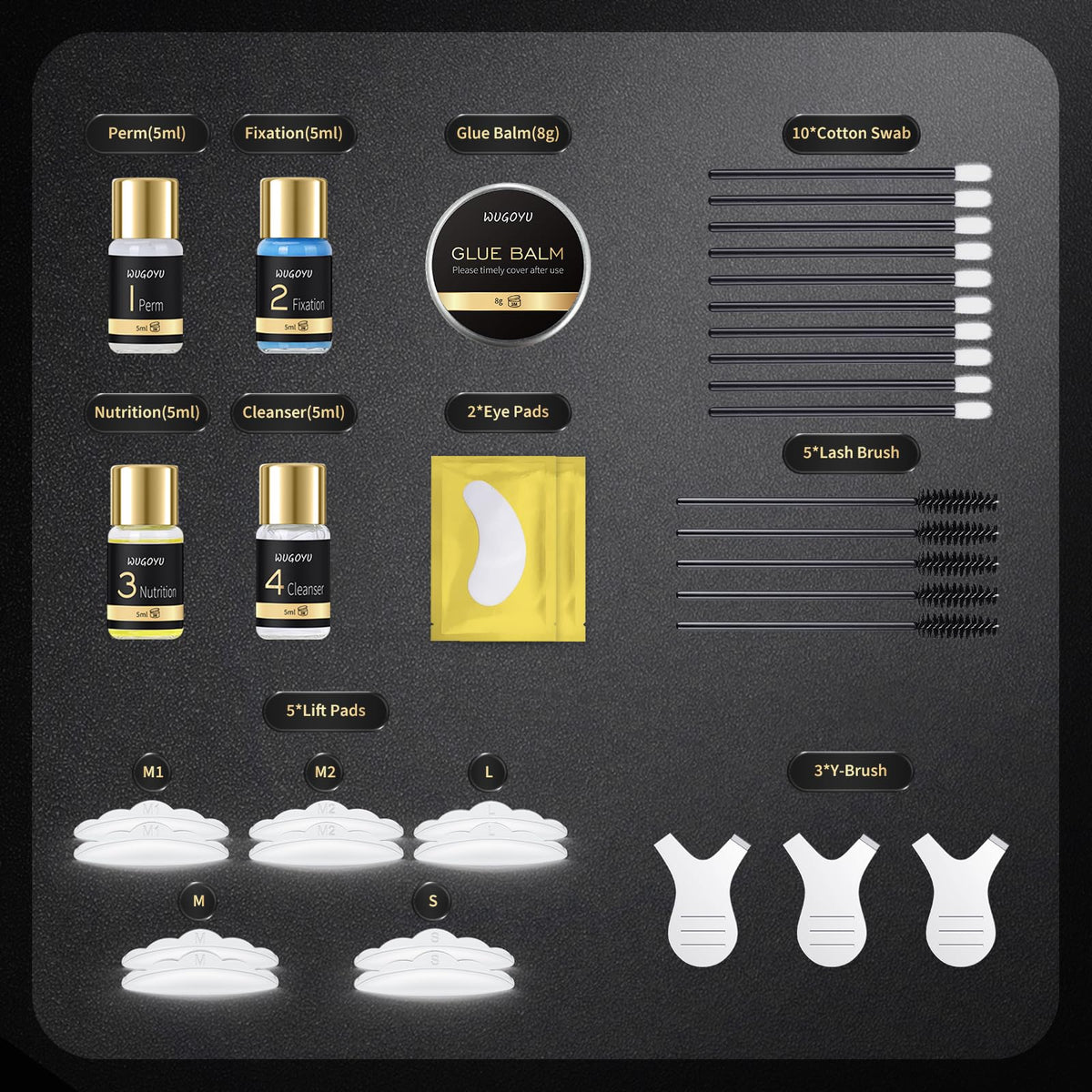 WUGOYU kit contents flatlay including lotions, brushes, pads and tools for easy application