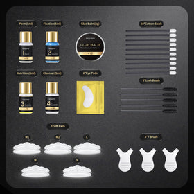 WUGOYU kit contents flatlay including lotions, brushes, pads and tools for easy application