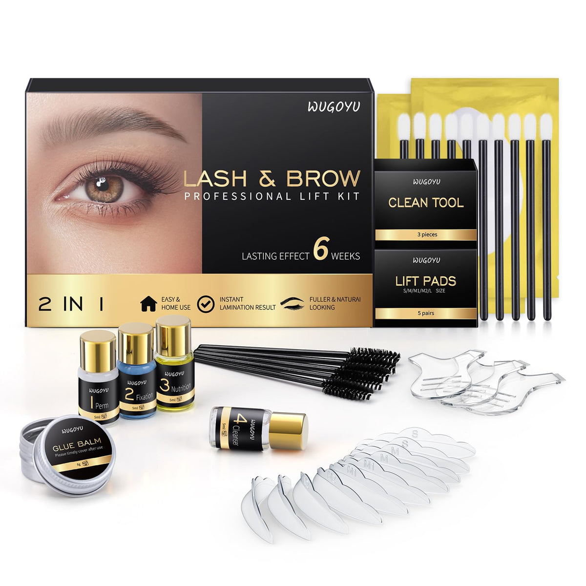 WUGOYU front packaging showing complete lash and brow kit for salon-quality results