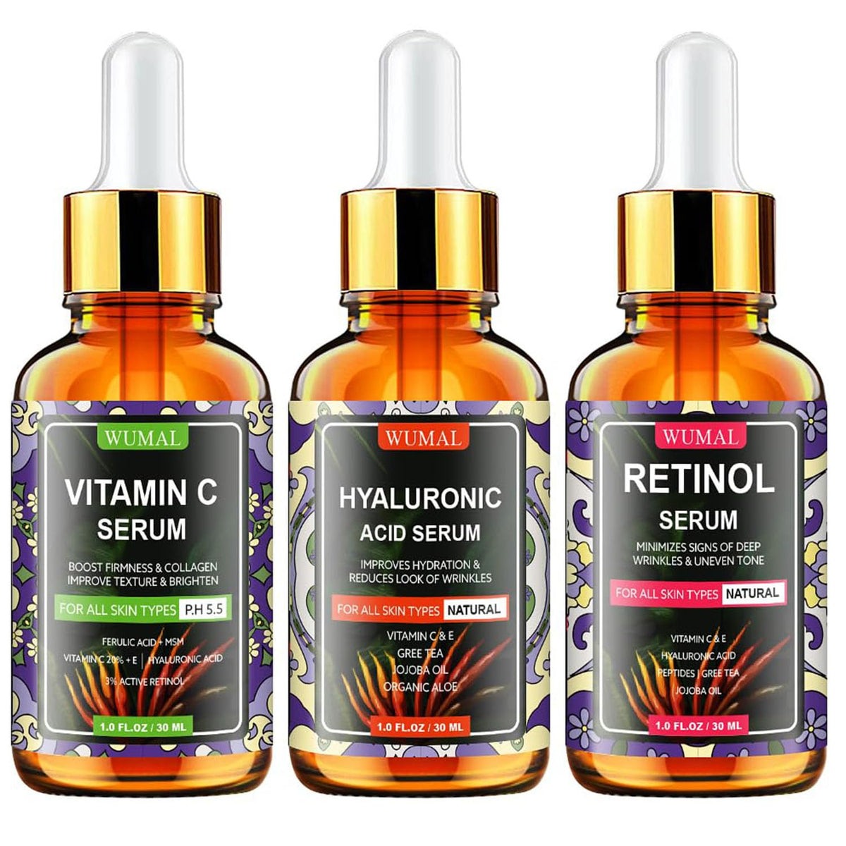 WUMAL packaging front view showing the three-serum set and benefits
