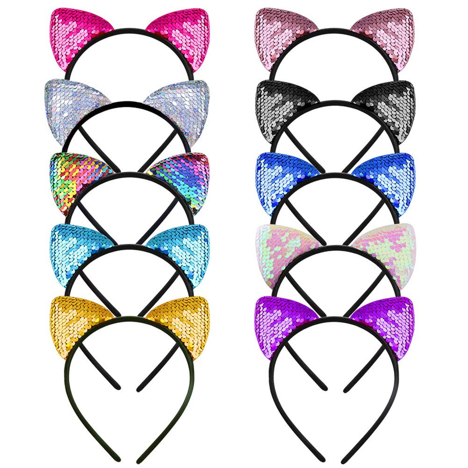 WXJ13 front view of ten cat ear headbands showing color variety and convenience