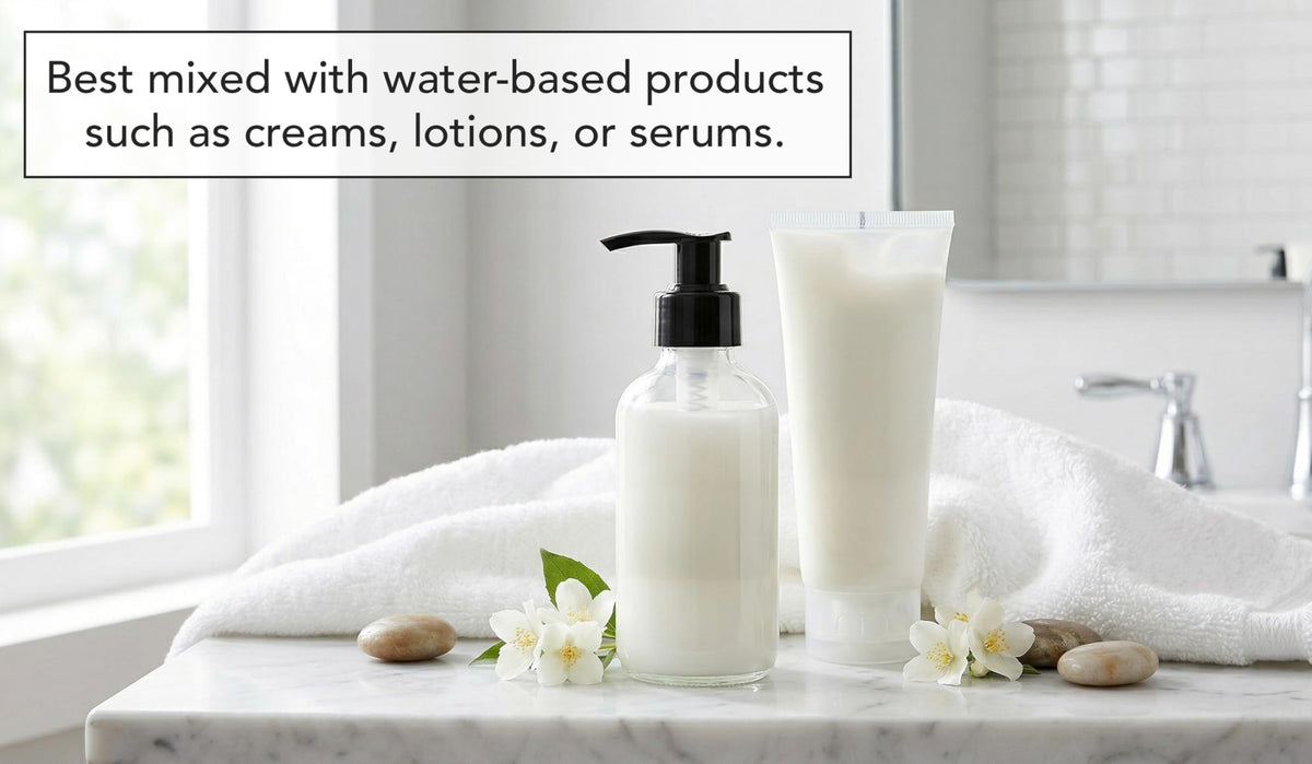 Bottle of DIY serum made with Xalya caffeine powder, showing smooth blend benefit customizable