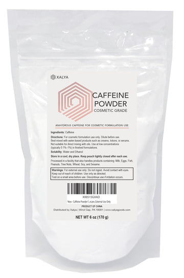 Xalya front packaging showing 6 oz caffeine powder, clear product labeling benefit control