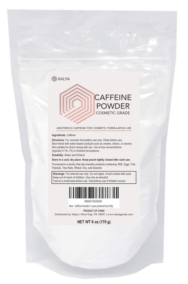 Xalya front packaging showing 6 oz caffeine powder, clear product labeling benefit control