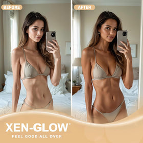 XEN-GLOW pump and label close-up highlighting ingredients and clarity