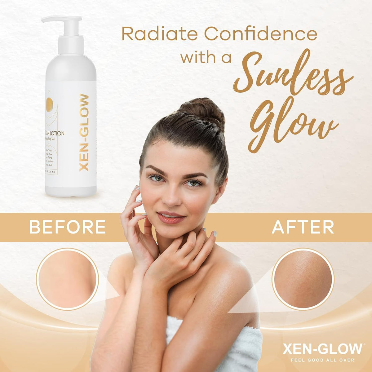 XEN-GLOW next to ruler showing 8 fl oz scale and travel-friendly size