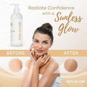 XEN-GLOW next to ruler showing 8 fl oz scale and travel-friendly size