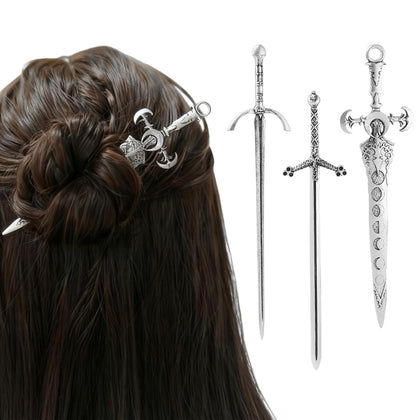 XJYHDY front view of three sword hair pins shows set and packaging benefit: ready gift