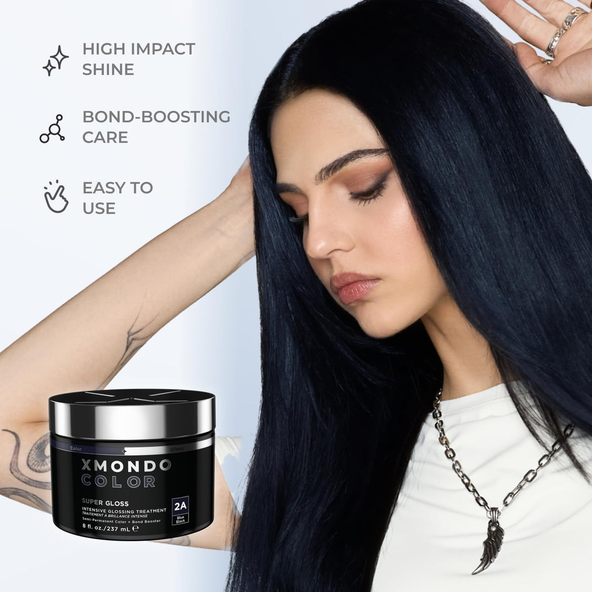 Side-by-side before and after using XMONDO showing richer blue-black tone and gloss