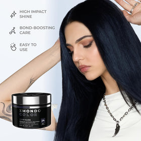 Side-by-side before and after using XMONDO showing richer blue-black tone and gloss