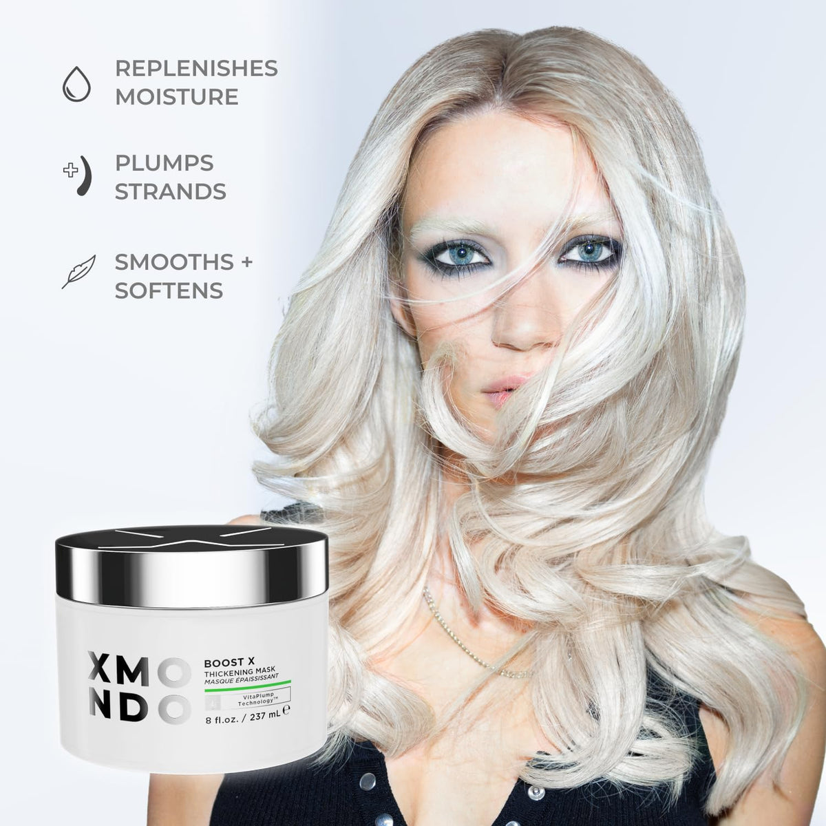 Side-by-side XMONDO before and after hair showing fuller-looking results