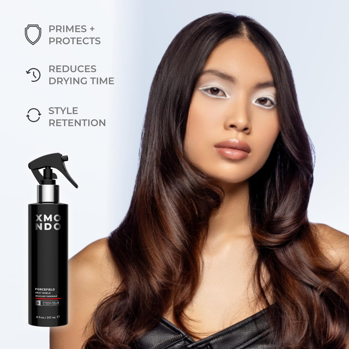 XMONDO product being applied on hair delivering heat protection benefit