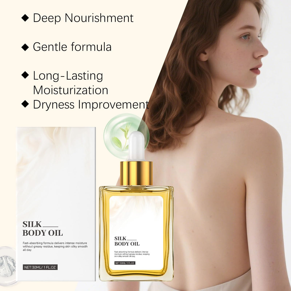 Xoyssfy silk body oil applied on arm demonstrating quick absorption benefit