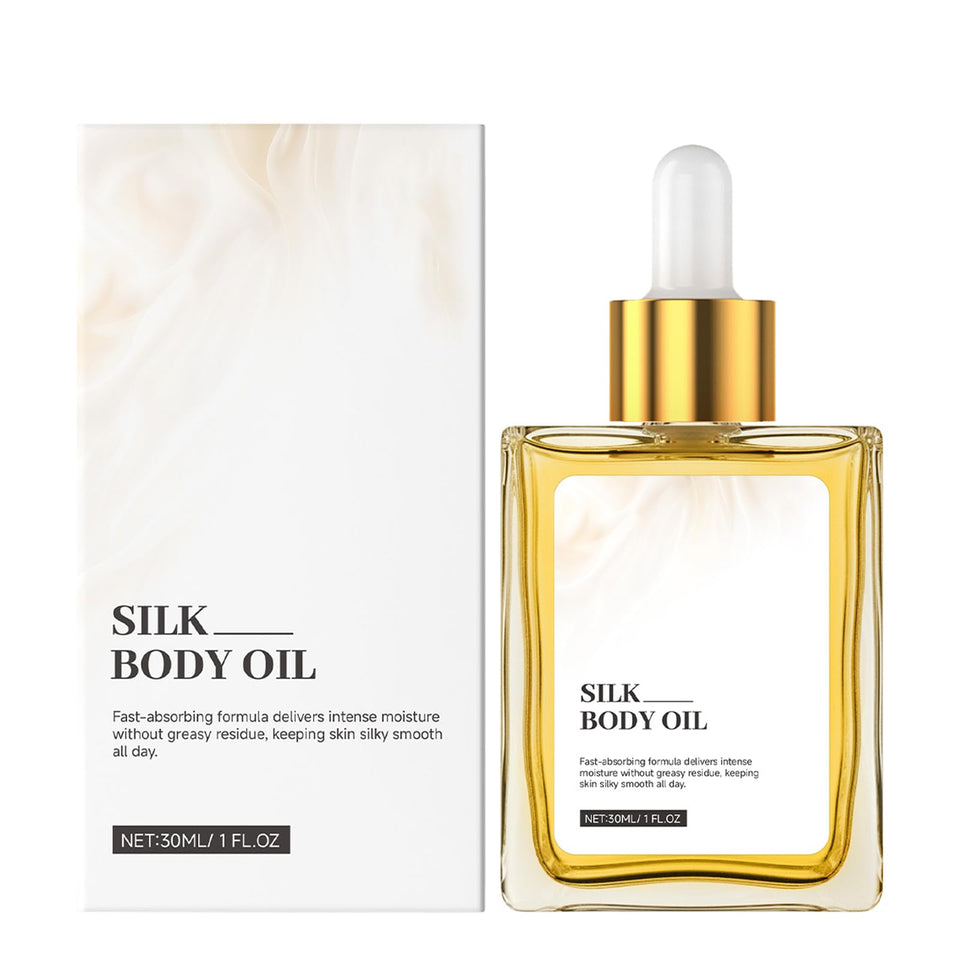 Xoyssfy silk body oil front bottle showing clean design and easy application