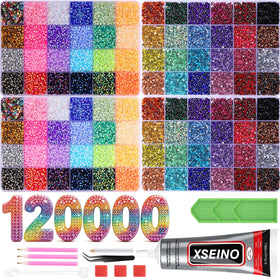 XSEINO front packaging showing full rhinestone kit and tools for instant crafting