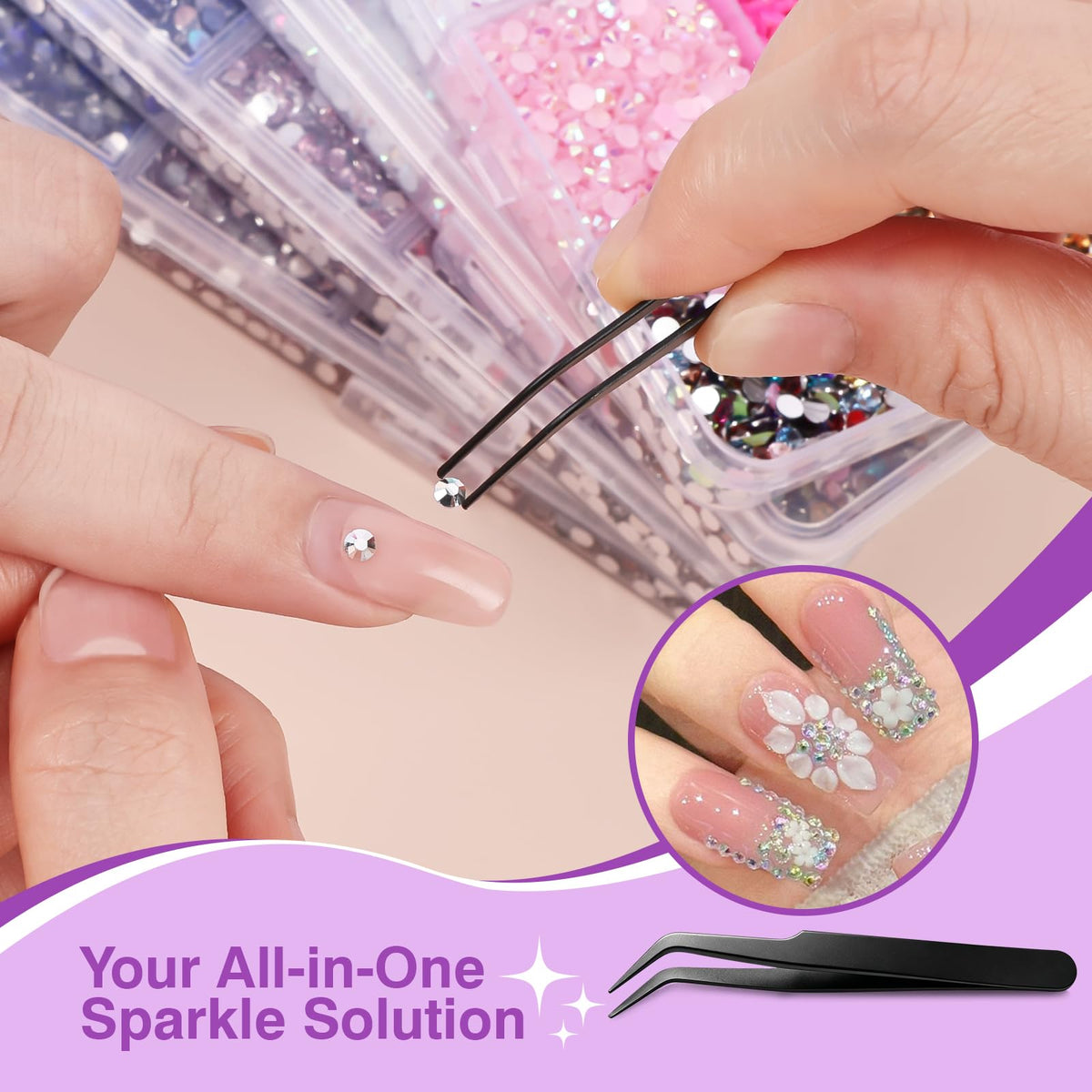 XSEINO rhinestones applied to nails showing precise placement and long-lasting shine