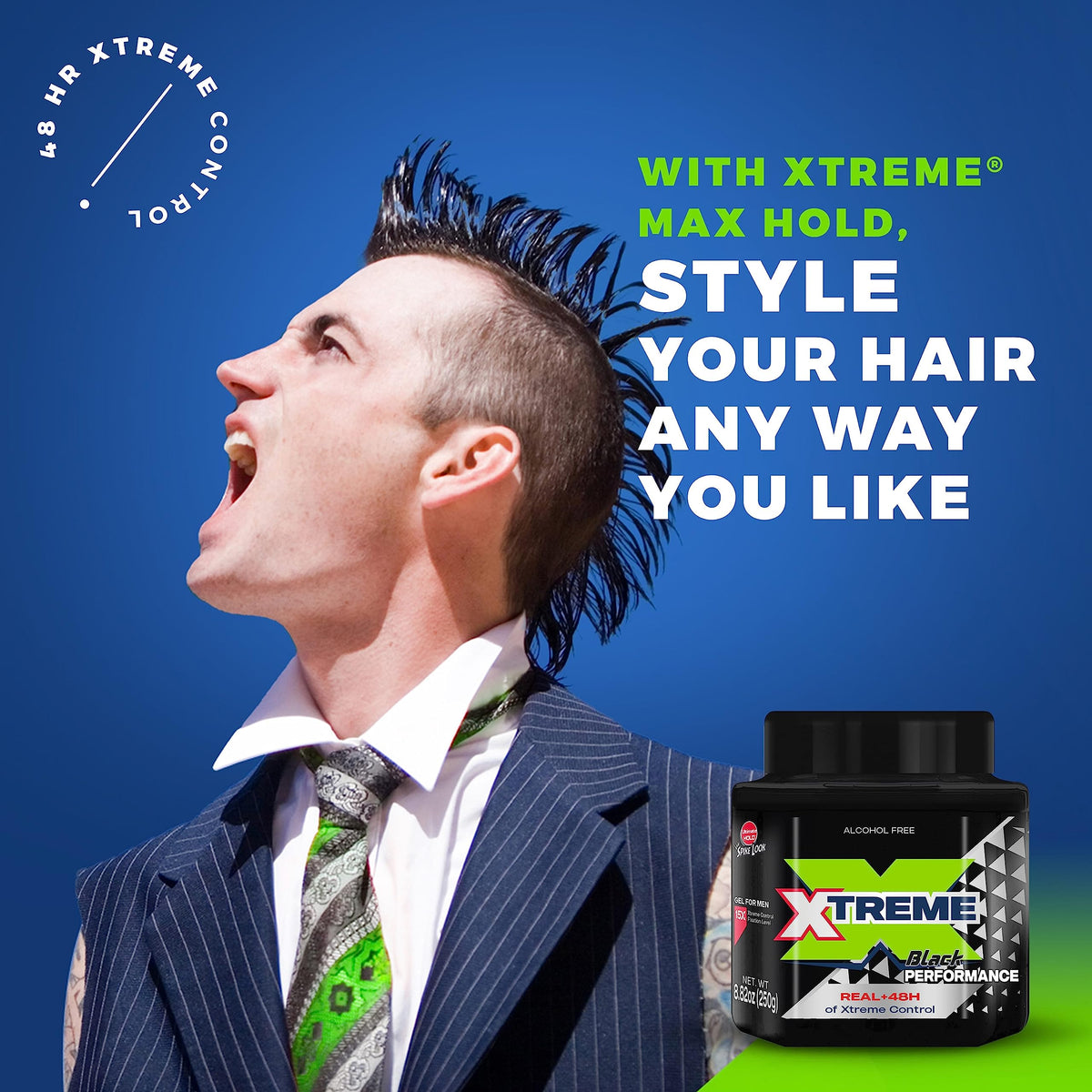 Xtreme styled hair lifestyle shot showing polished wet-look and lasting control