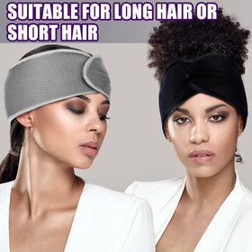 Xuhal model sleeping wearing wrap to protect hair and reduce creasing
