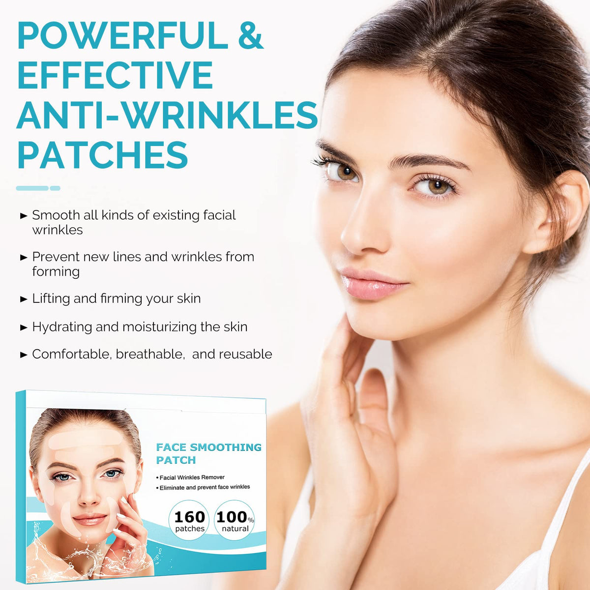 XUNIQ patch applied on forehead demonstrating smoothing benefit