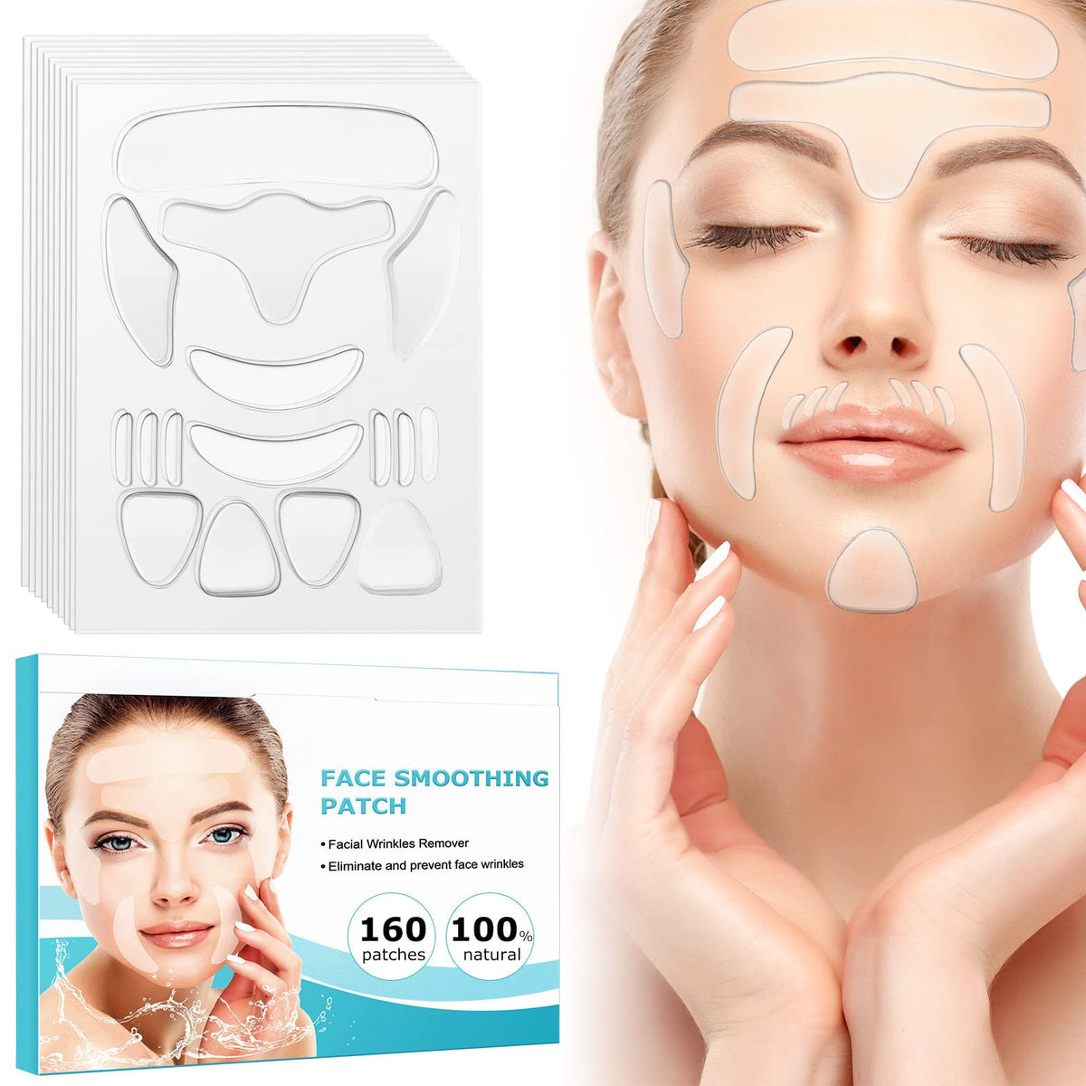 XUNIQ front packaging showing 160 reusable silicone wrinkle patches benefits