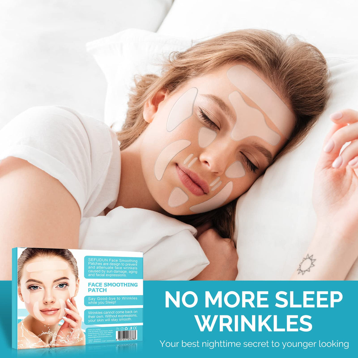 XUNIQ patches worn overnight in a bedroom setting promoting smoother morning skin