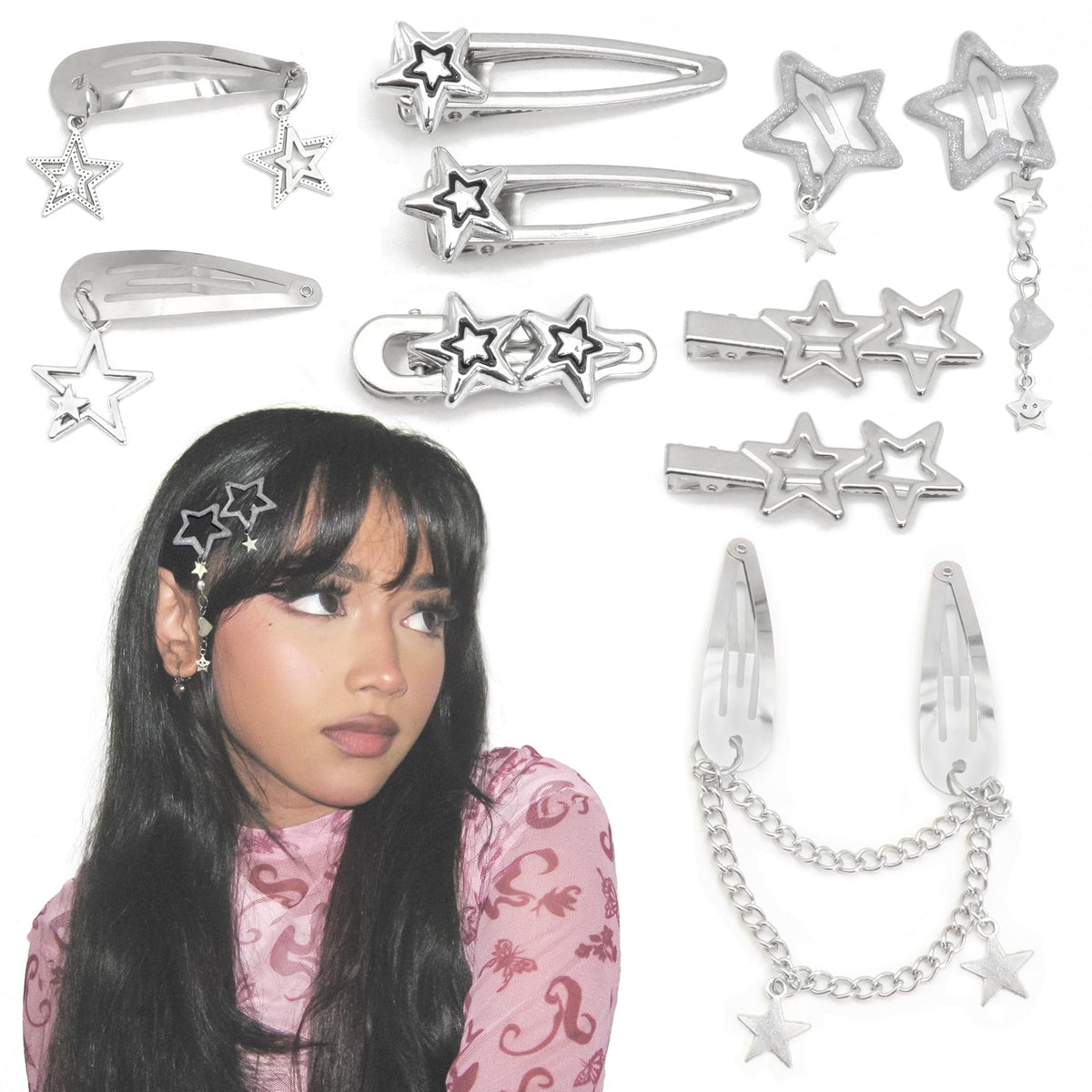 YAEISM front view of star clip set showing shapes and silver finish for styling versatility