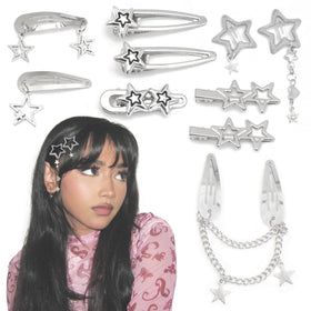 YAEISM front view of star clip set showing shapes and silver finish for styling versatility