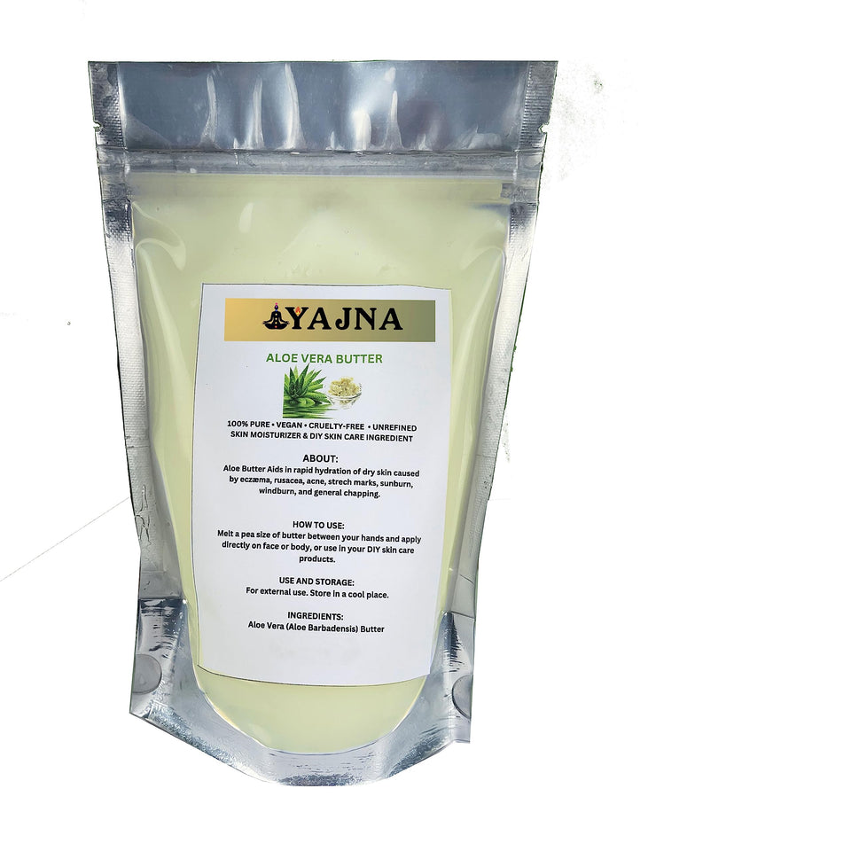 Yajna front packaging of aloe vera butter showing pure Grade A container and label benefit